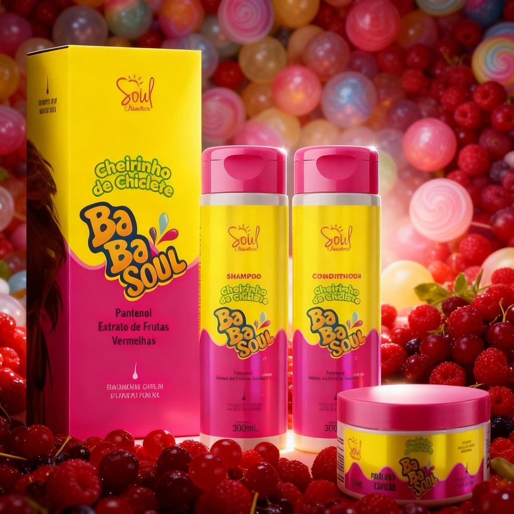 KIT CAPILAR BABASOUL CHEIRO DE CHICLETE SOUL 3 ITENS SHAMPOO CONDICIONADOR E MASCARA MORANGO UVA TUTTI FRUTTI