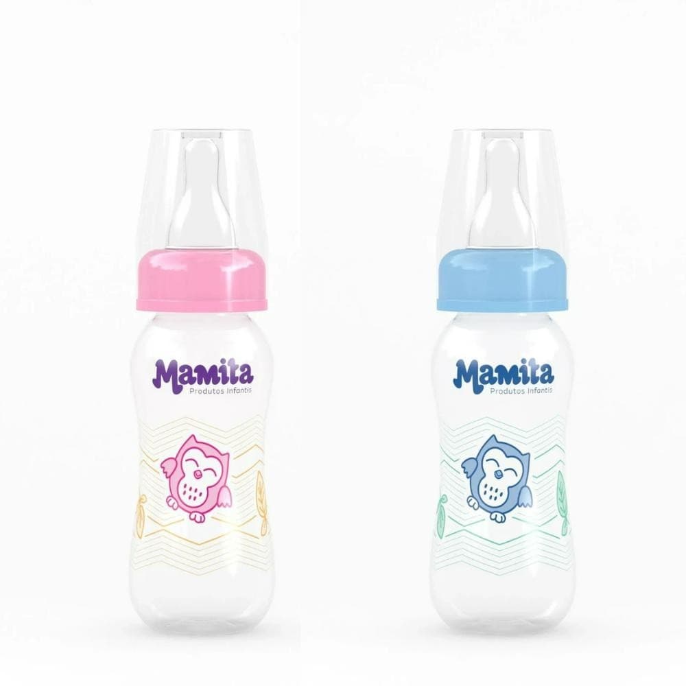 Mamadeira Decorada 150ml Antivazamento Bico Silicone Macio – Rosa ou Azul Bebê