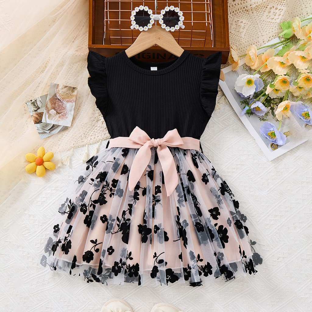 Vestido Festa Infantil Meninas 3-8 Anos Tule Estampado Cinto Regulável Presente