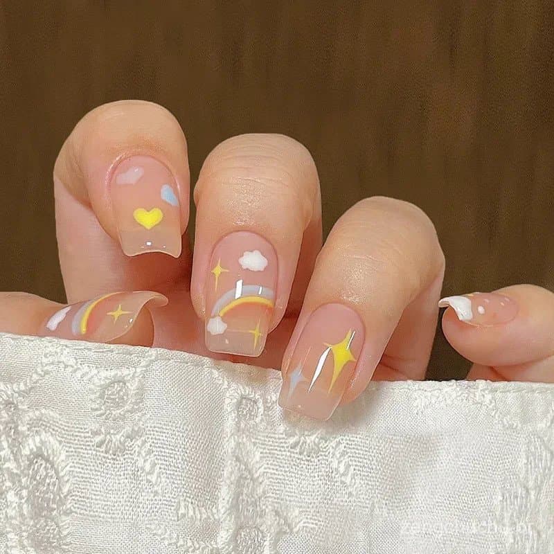 24P Fofo Arco-Íris Infantil Bonito Arte De Unha Cobertura Completa Unhas Falsas Artificiais Usando Reutilizáveis