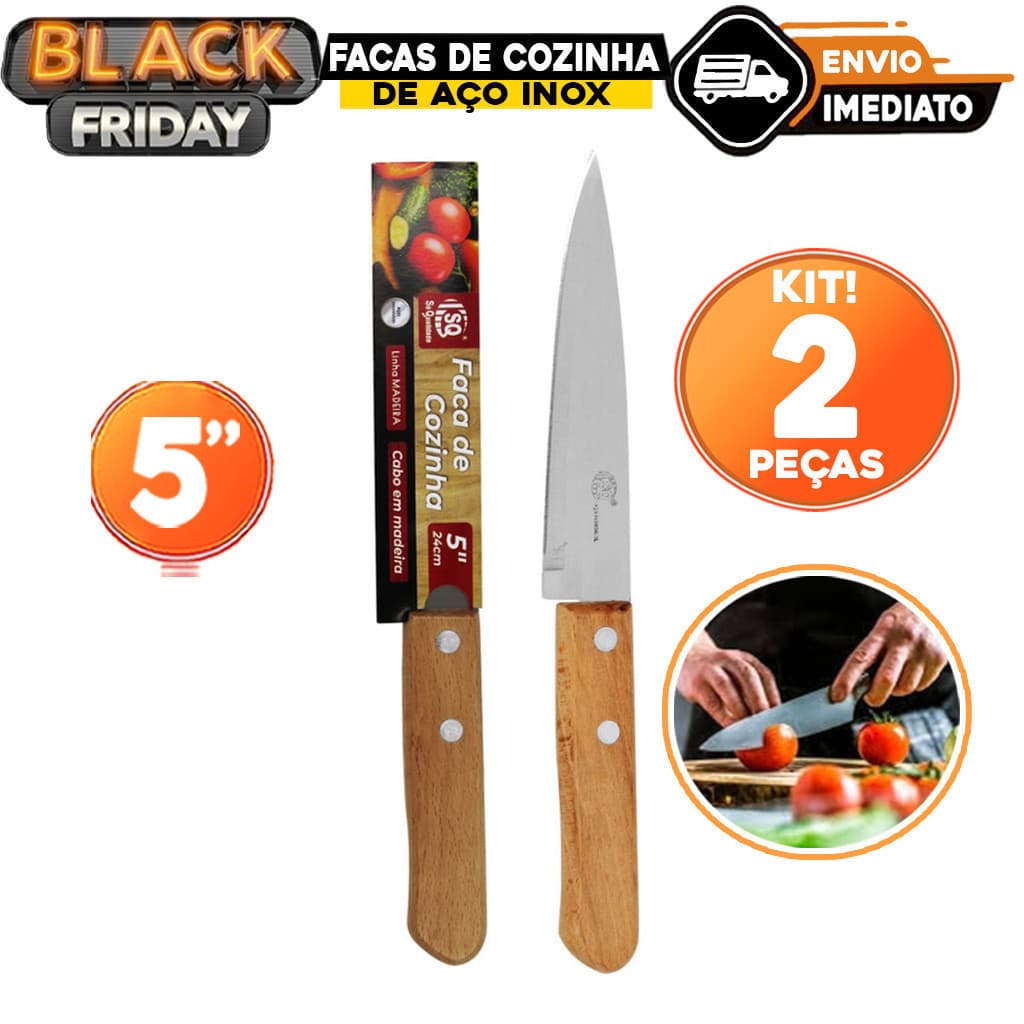 Kit 2 peças Faca de Cozinha Aço Inox Cabo de Madeira 5´´ Carne Salada Legumes Churrasco