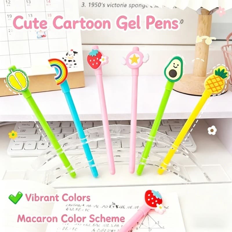 Canetas De Gel Fofas De Frutas E Arco-Íris De Desenho Animado , Tinta Preta Kawaii Para Estudantes Papelaria De Escritór