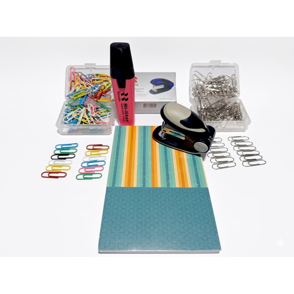 Kit Multiuso:  1 Cx Clips Color; 1 Cx.Clips Prata ; Marca Texto Amarelo ; Bloco Anoitações ; Grampeador Cinza