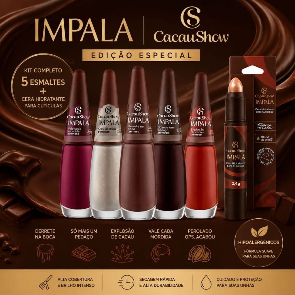 Kit Impala + Cacau Show Original | 5 Esmaltes + Cera Hidratante para Cutículas | Edição Especial