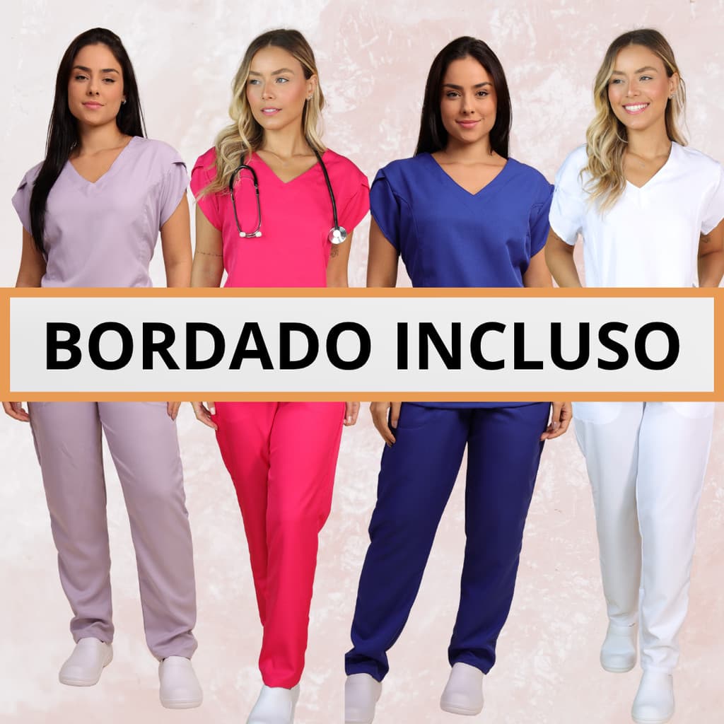 Conjunto Scrub Hospitalar Pijama Cirurgico Privativo feminino enfermagem bordado incluso
