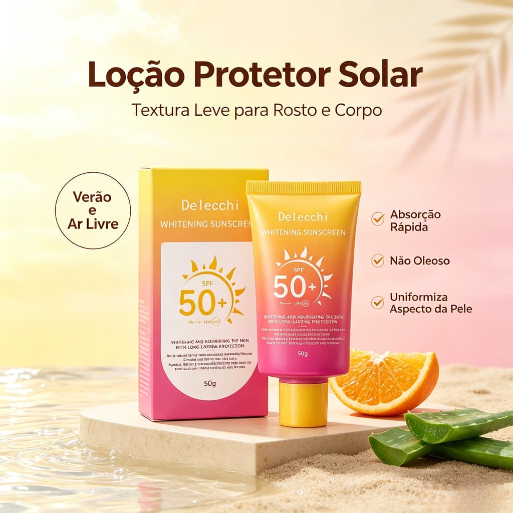 Loção protetora solar leve, até mesmo tom de pele, adequada para rosto e corpo ao verão e atividades ao ar livre.