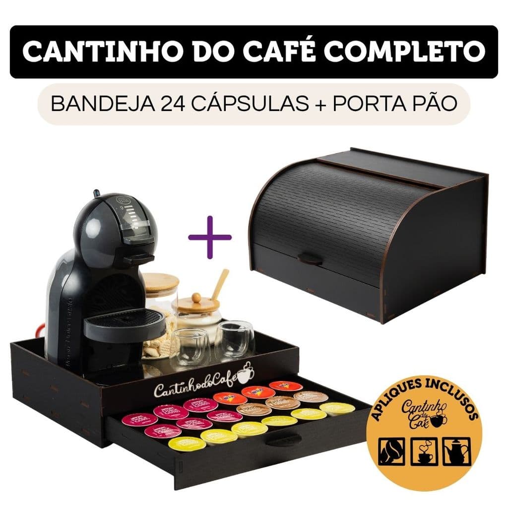 Cantinho do Café Completo Bandeja Porta 24 Cápsulas E Porta Pão Grande Decorativo + 4 Apliques MDF