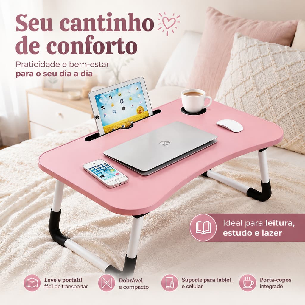 Mesa Dobrável para Cama Portátil Rosa com Porta Copo Suporte Tablet Estudo Home Office Quarto