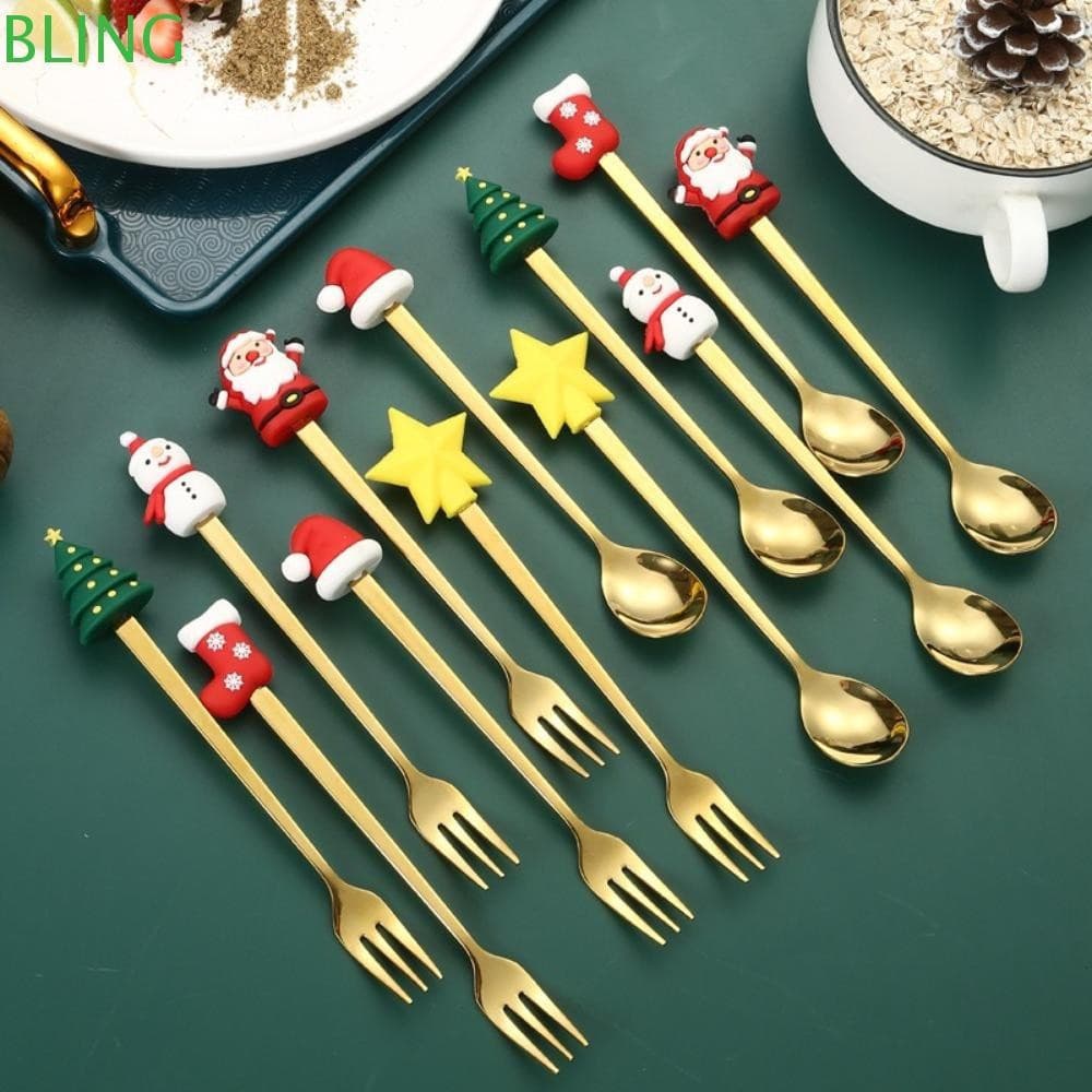 Conjunto De Garfo E Colher BLING 4/6pcs , Talheres De Prata Dourada De Feliz Natal , De Chá De Café De Aço Inoxidável Re