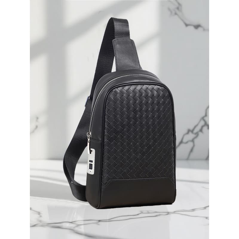 2025 novo estilo bolsa de peito masculina couro genuíno High-End trançado pequena mochila primeira camada de couro impre