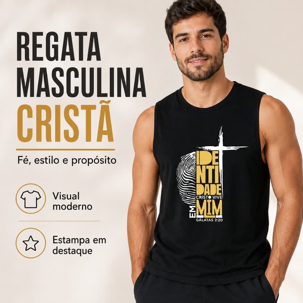 Regata Masculina Academia 100% Algodão Cristã Identidade em Cristo Gálatas 2:20 Treino e Casual