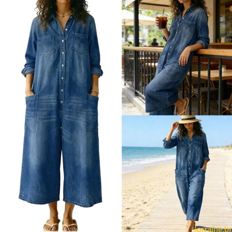 lORI Macacão Jeans Comprida Tecido Botão Único E Design Carcela