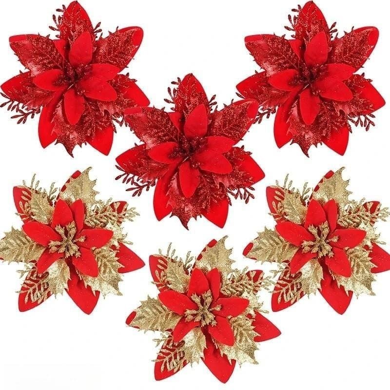 10 Peças Flor Natal Brilhante 14cm Dourada Vermelha Enfeites Cabeça Flores Presente Decoração Casa