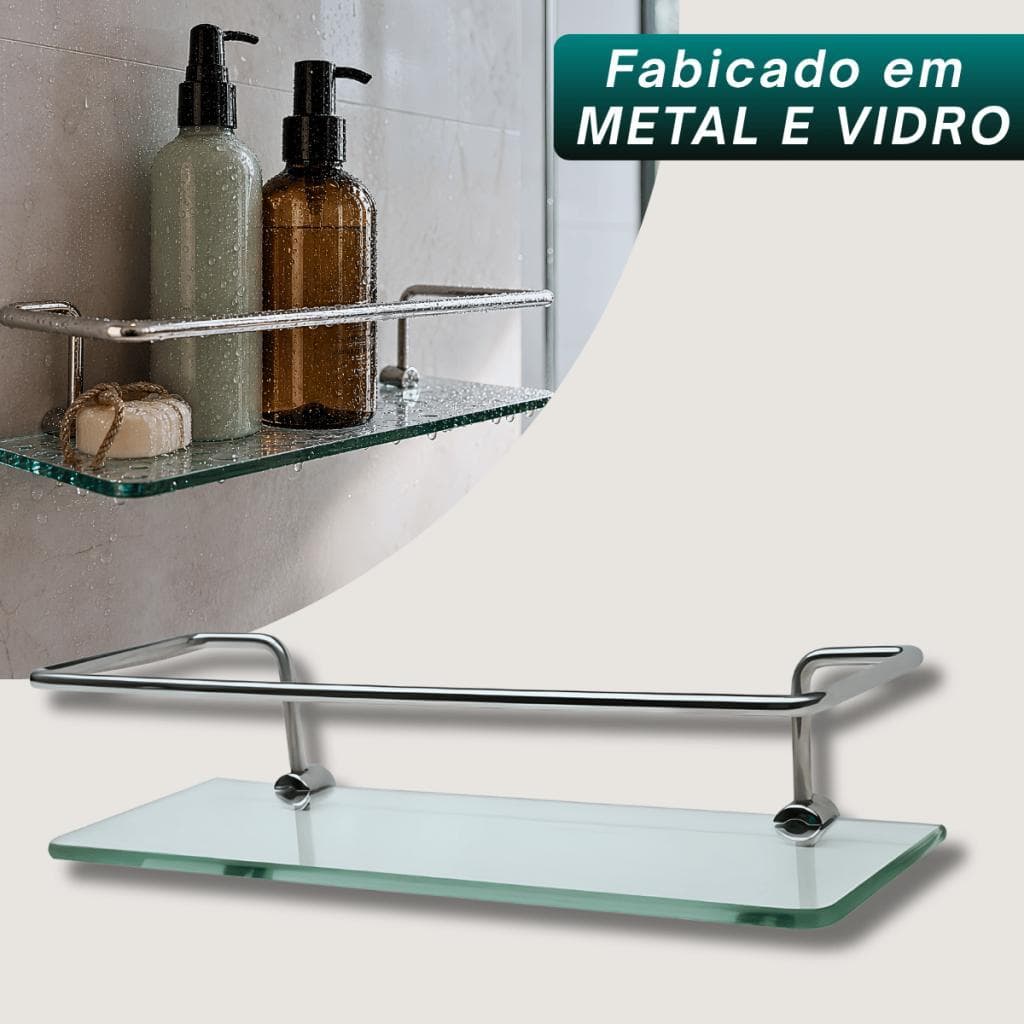 Porta Shampoo Reto 30cm Vidro e Suporte Fixação Dupla Prateleira De parede com Haste em Metal