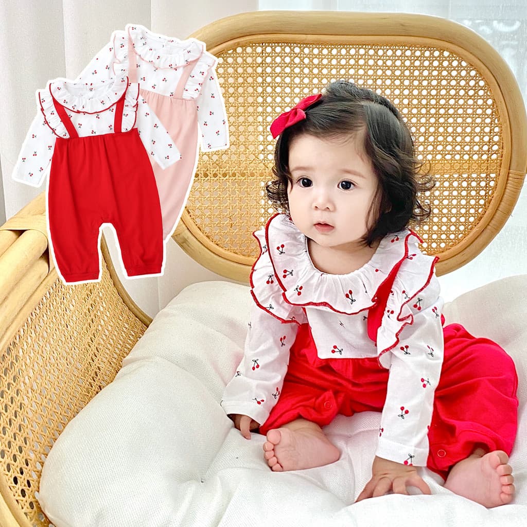 Macacão de bebê primavera outono roupas da menina do bebê cereja recém-nascido macacão falso de duas peças versão corean