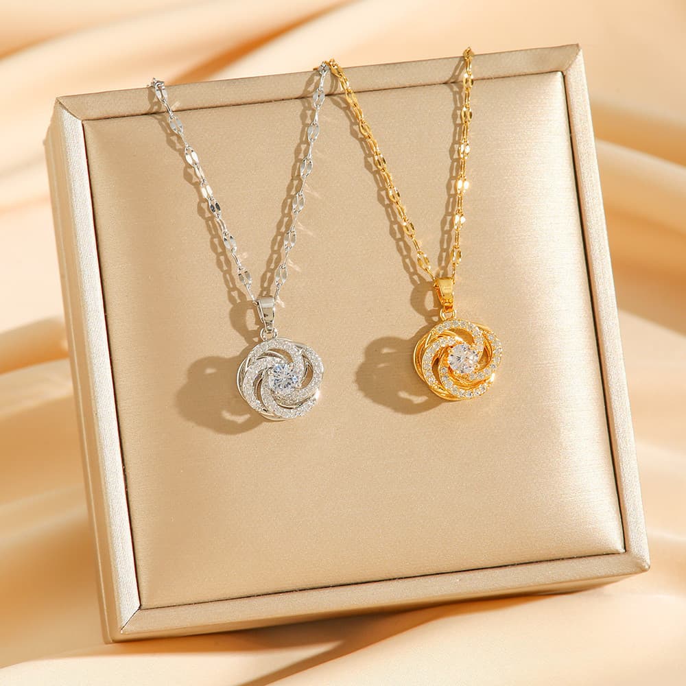 [Estoque pronto] colar feminino camélia girando zircão flor luz luxo novo estilo pingente temperamento titânio aço colar