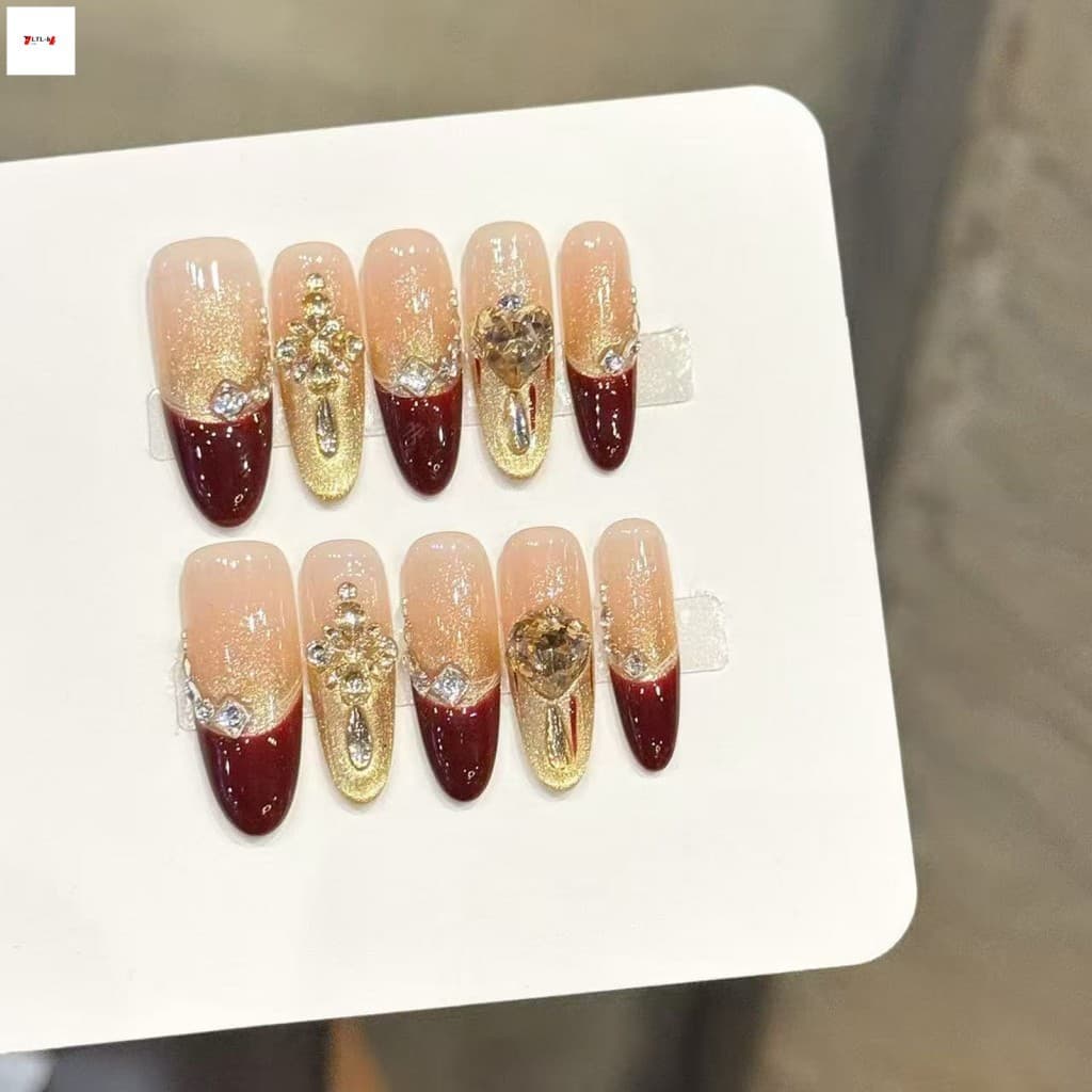 10pcs Unhas Falsas Ovais Longas Com Design De Strass De Ponta Francesa De Ouro Vermelho Para Festa De Casamento