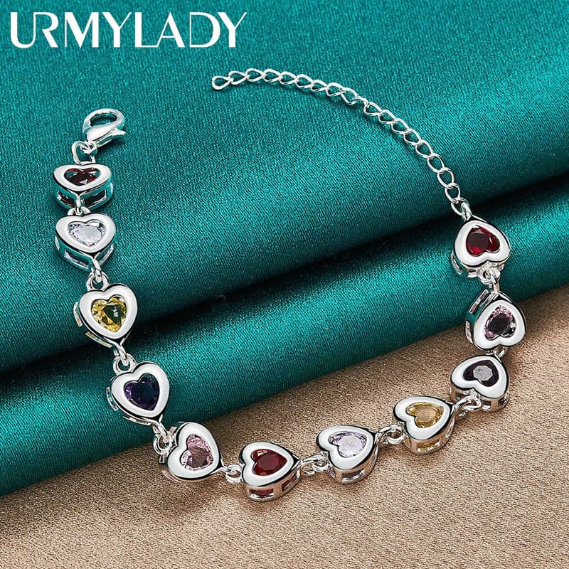 Pulseira Feminina De Prata Esterlina 925 Coração De Zircônia Incrustada Com Várias Cores/AAA/Noivado/Festa/Casamento
