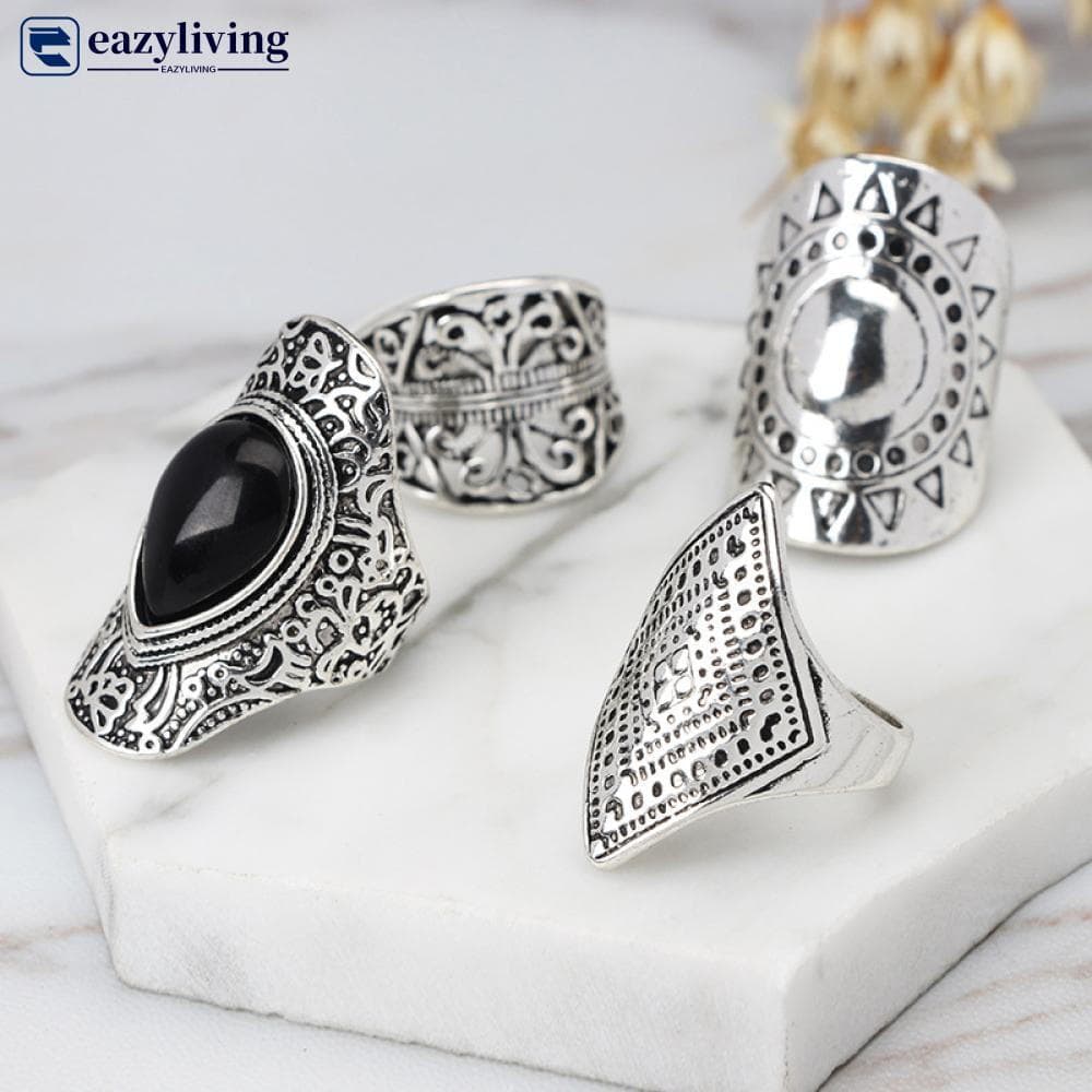 EAZYLIVING 4 Pçs/Set Vintage Prata Cigano Boho Anel Étnico Oco Esculpido Gem Diamante Midi Junta Anéis Jóias Femininas E