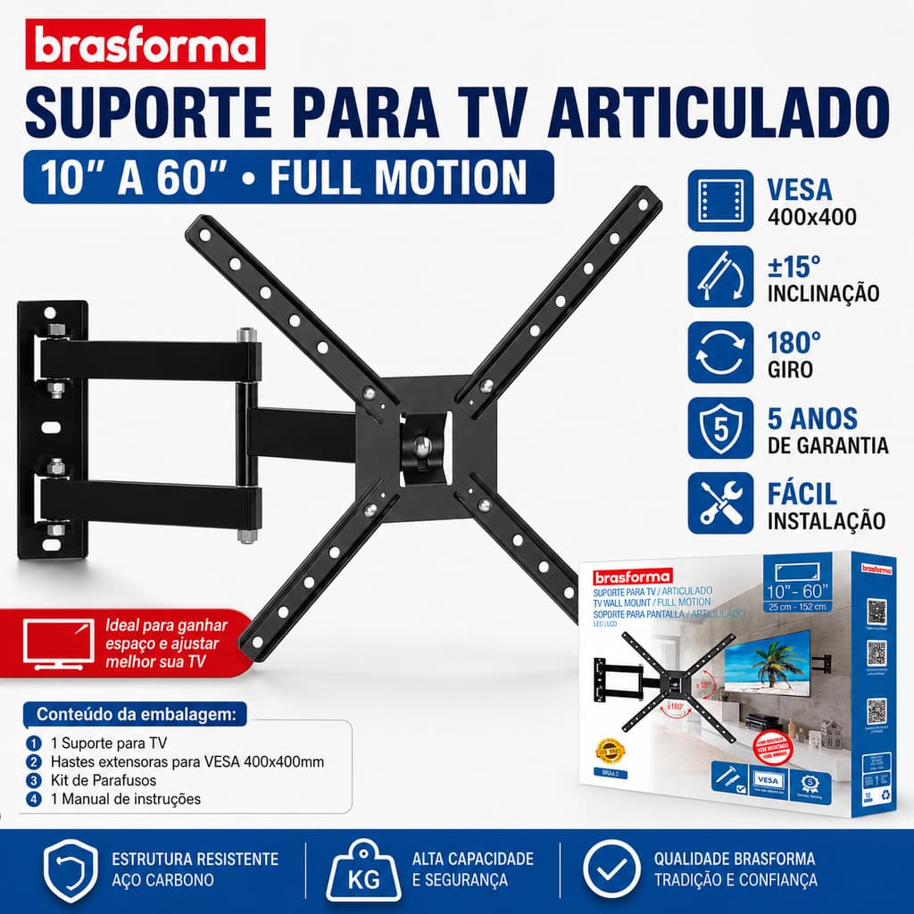 Suporte TV Tri-articulado LED Plasma LCD Articulado 10 - 60 BRA 4.0 Reforçado Facil Instalaçao Brasforma