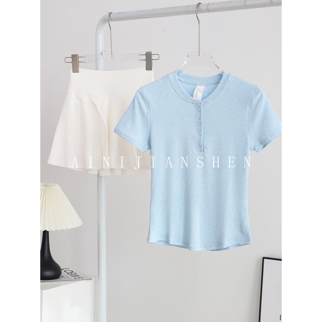 Pescoço redondo mais magro olhar yoga terno feminino Henry camisa esportes de manga curta de secagem rápida estiramento