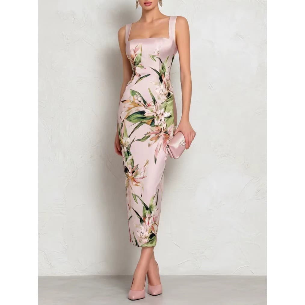 112026Europeu americano flor Digital impresso estilingue manga Hip saia vestido com zíper traseiro2220260704