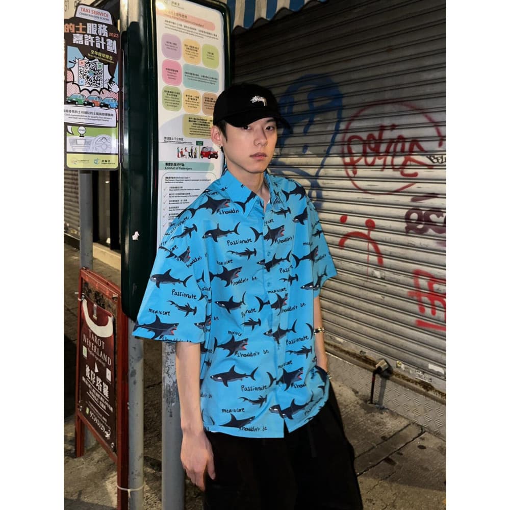 Hawaii Holiday Blue Design Shark Print Camisa de manga curta masculina verão preguiçoso solto camisa Casual na moda