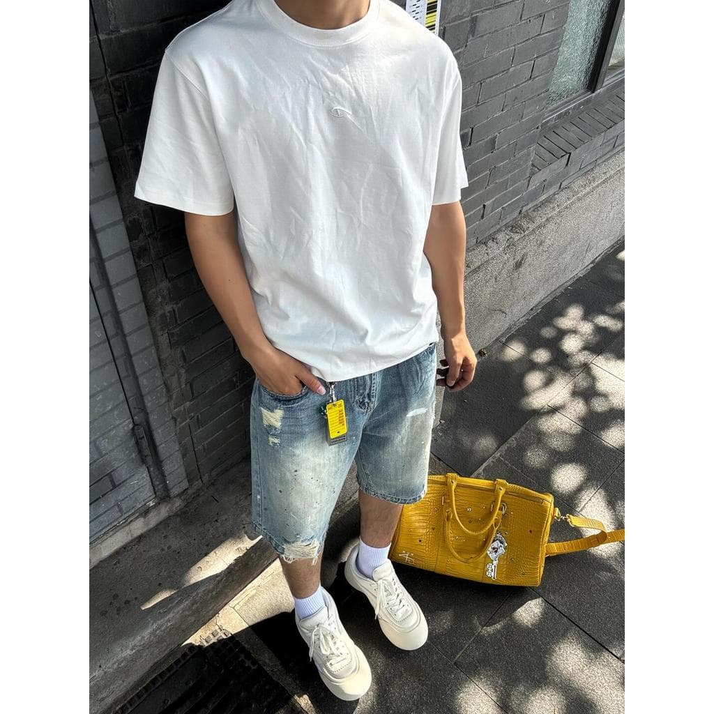Estilo americano verão respingo tinta angustiado cintura ajustável lavado Design vintage sentido rasgado azul Denim Shor