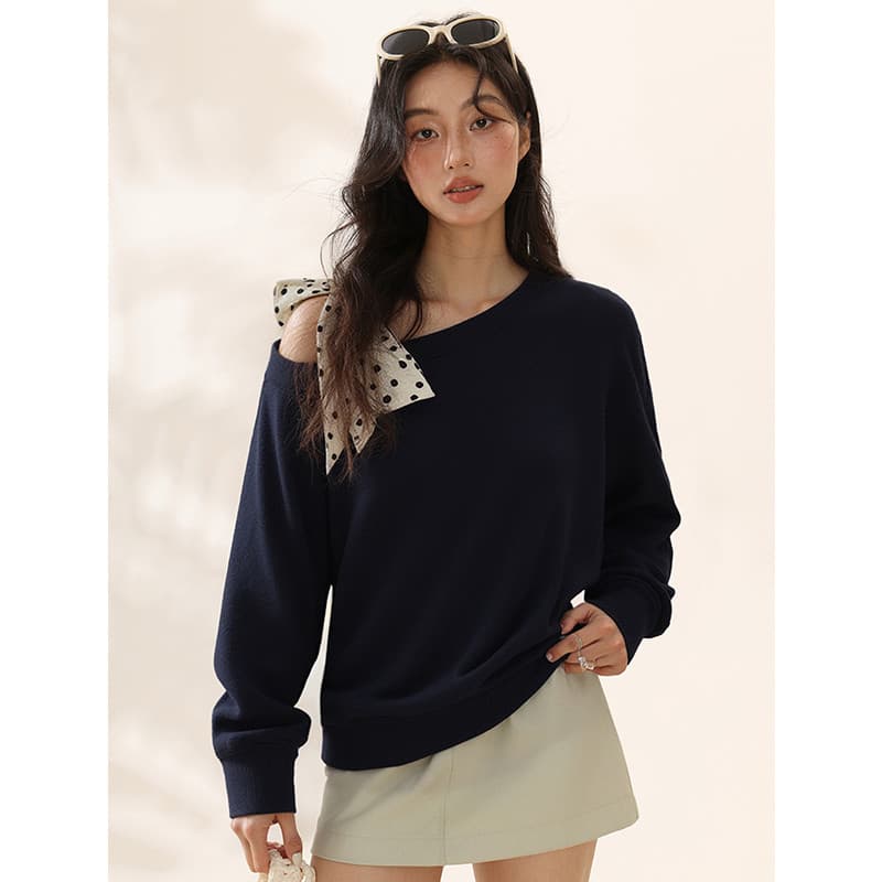 Polka Dot Laced-Up Solto Ombro Inclinado Moletom Feminino Outono Novo Estilo Temperamento Azul
