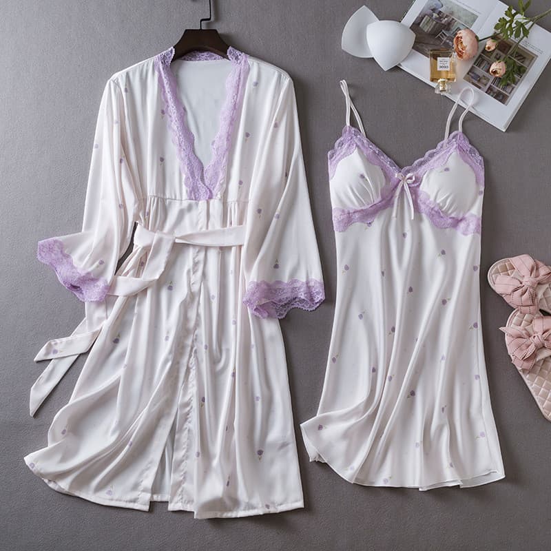 Conjunto de Roupão Estampado Estilo Palaciano de Verão 2024, Tecido de Seda Gelada Amigo da Pele, Confortável para Uso D