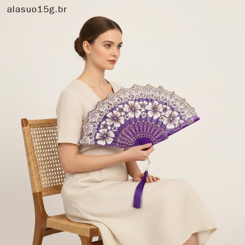 Ventilador Dobrável De Flores Estilo Chinês Para Apresentações E Fotos Hanfu Com Design Elegante Floral Pérola sels Deco