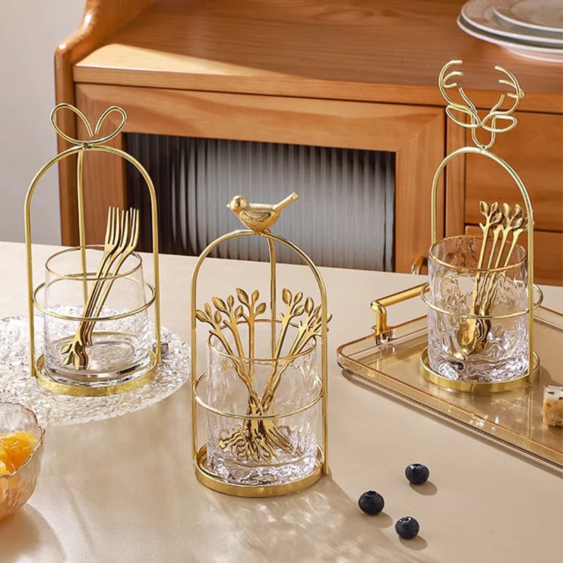Suporte de Luxo para Garfos de Frutas em Aço Inoxidável Dourado, Garfo para Sobremesas e Bolos, Pote para Garfos de Frut
