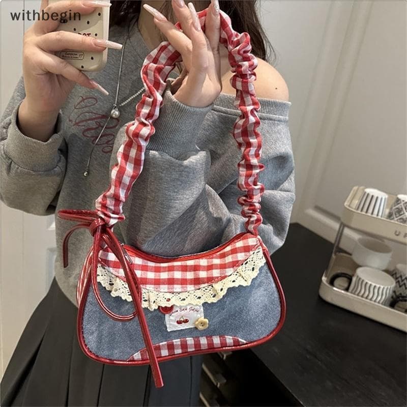 WIT Nova Bolsa Xadrez Plissada Contraste Cor De Ombro Tendência Simples Jogo Único Oulder Inclinado Cruz Saco Commuter P