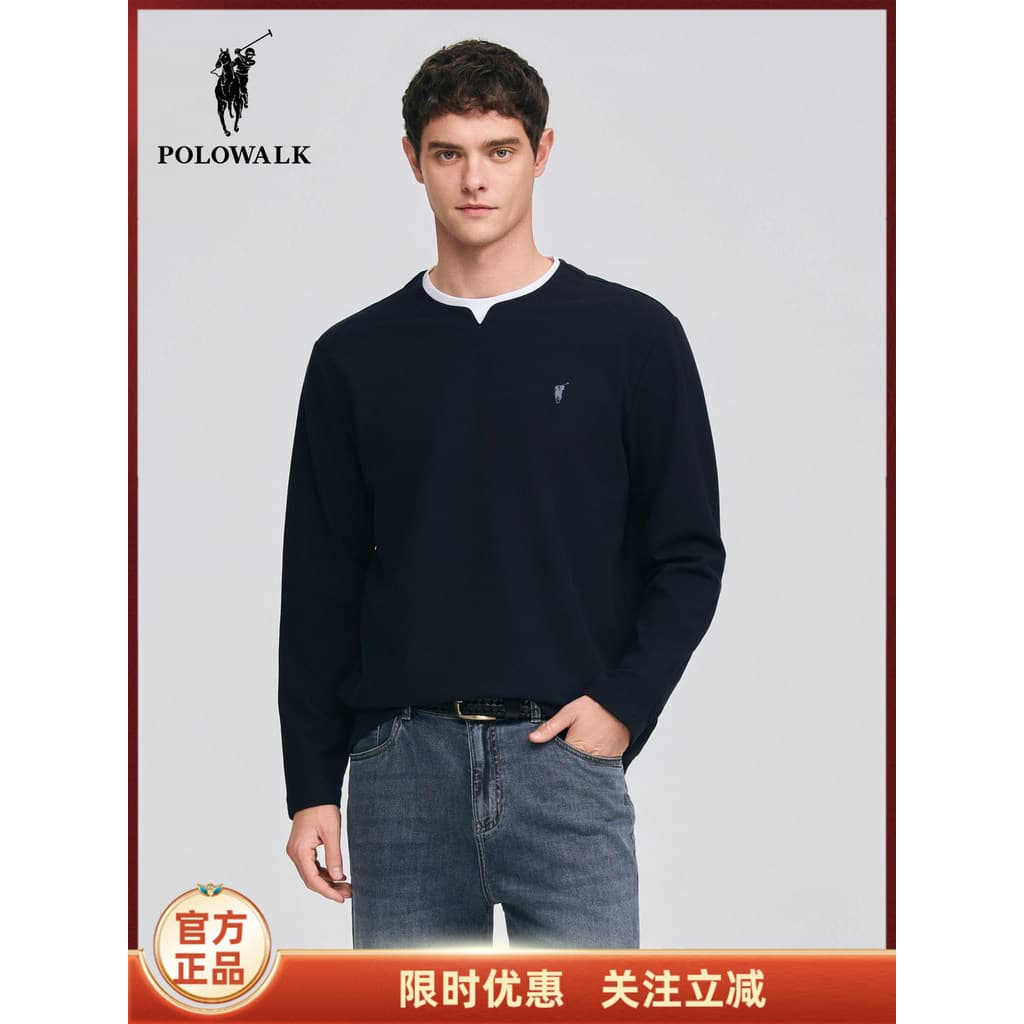 POLOWALK Camiseta masculina de manga comprida 2026 primavera novo produto contraste cor gola dupla Casual camiseta de ma
