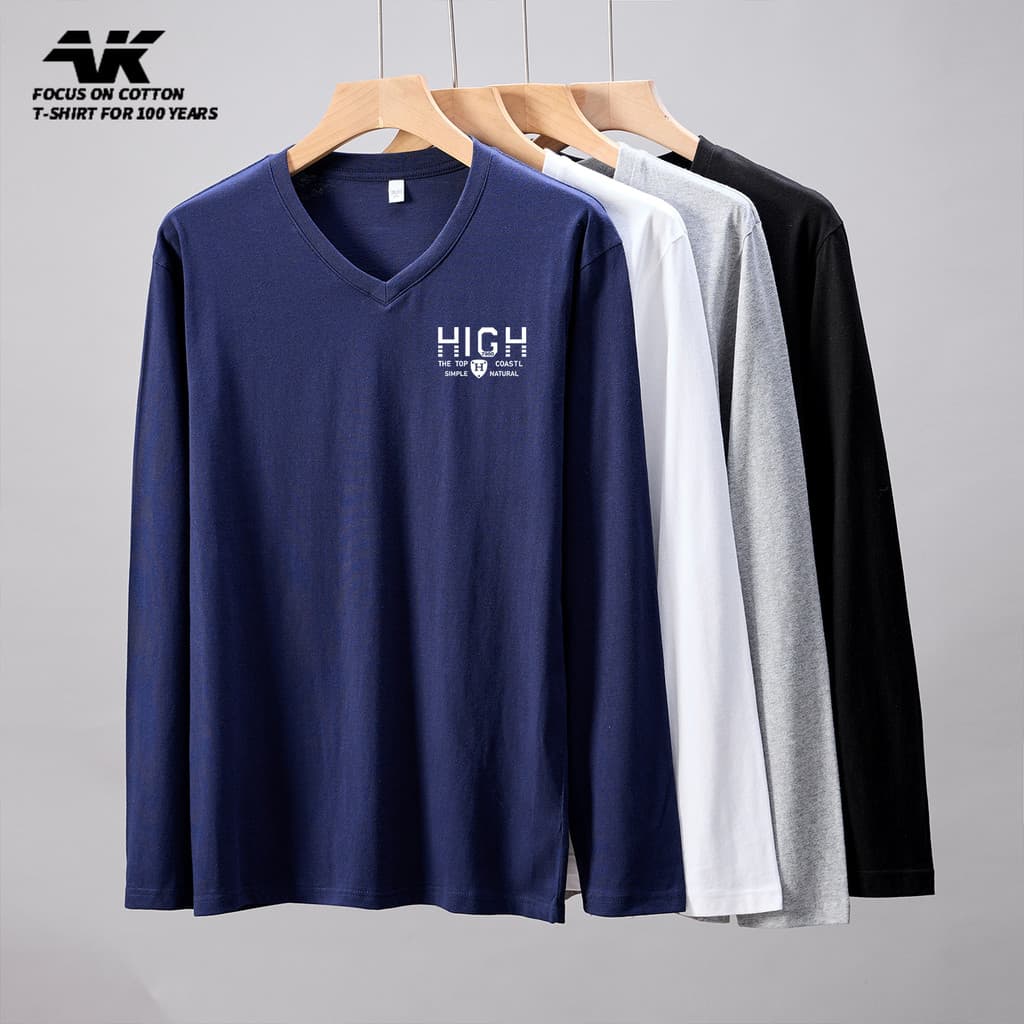 Novo estilo 2026 na moda masculina de manga comprida com decote em V branco camiseta solta tamanho grande carta impressa