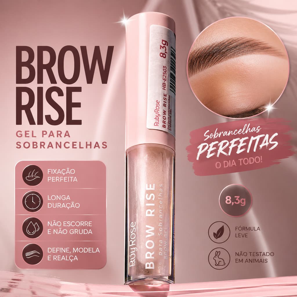 Gel para Sobrancelhas Ruby Rose Brow Rise Incolor Fixação Longa Duração 8,3g