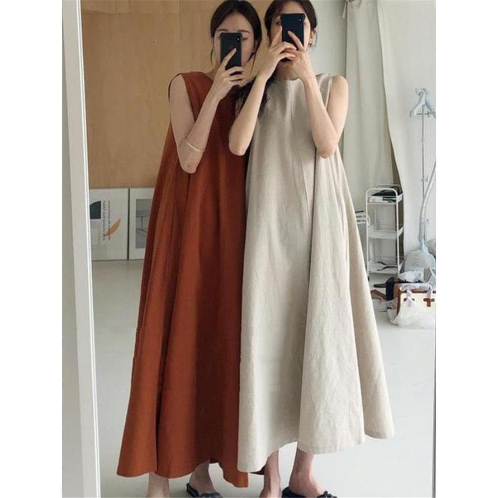 [Linho de algodão Natural] versão coreana gola redonda solta cor sólida Casual grande balanço sem mangas vestido longo d