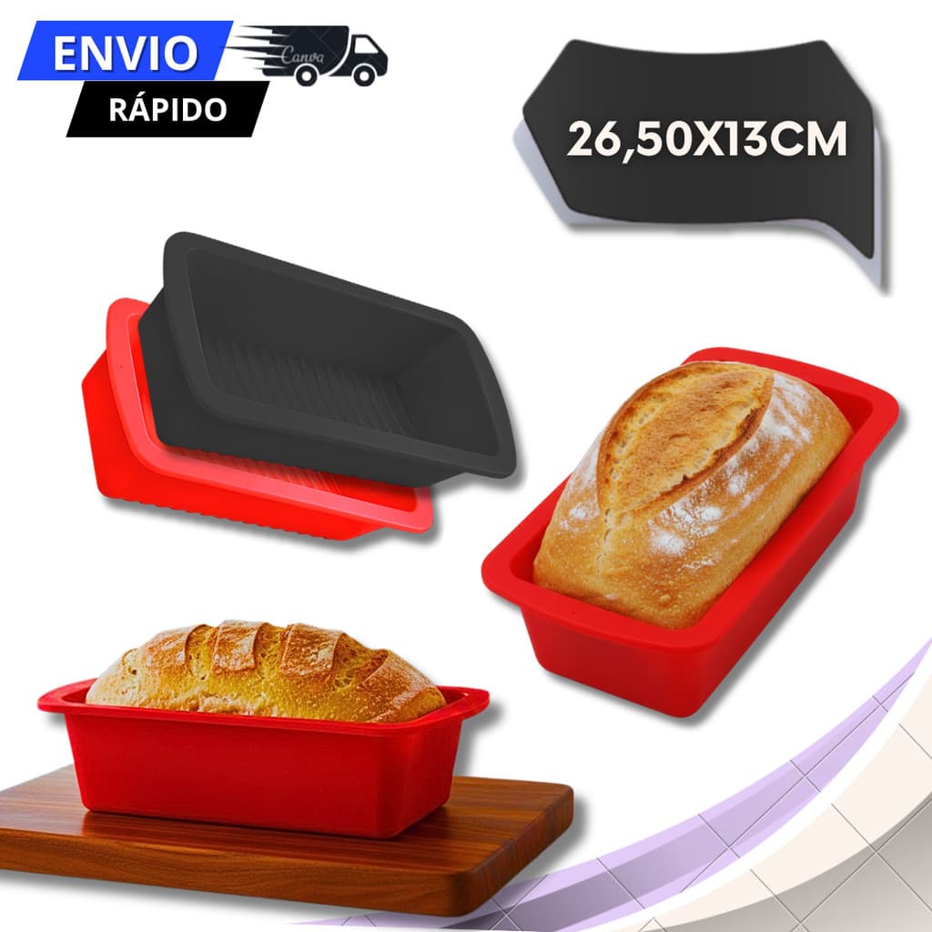 Forma de Bolo Pão em Silicone Retangular Antiaderente Cozinha Preto Vermelho
