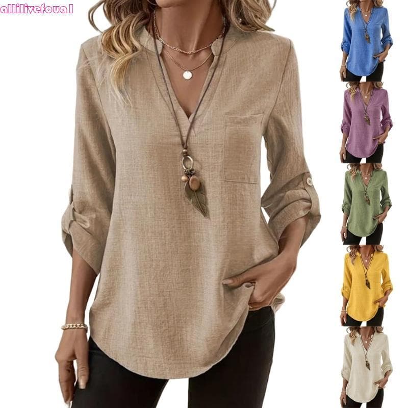 allilivefoua1 Blusa Feminina 3 4 Comprimentos Botões E V Para Trabalho, Escola, Negócios, Casual,