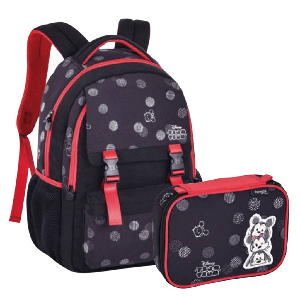 Kit Mickey Escolar Mochila Costas Com Estojo Box Grande Preta e Vermelha Clio
