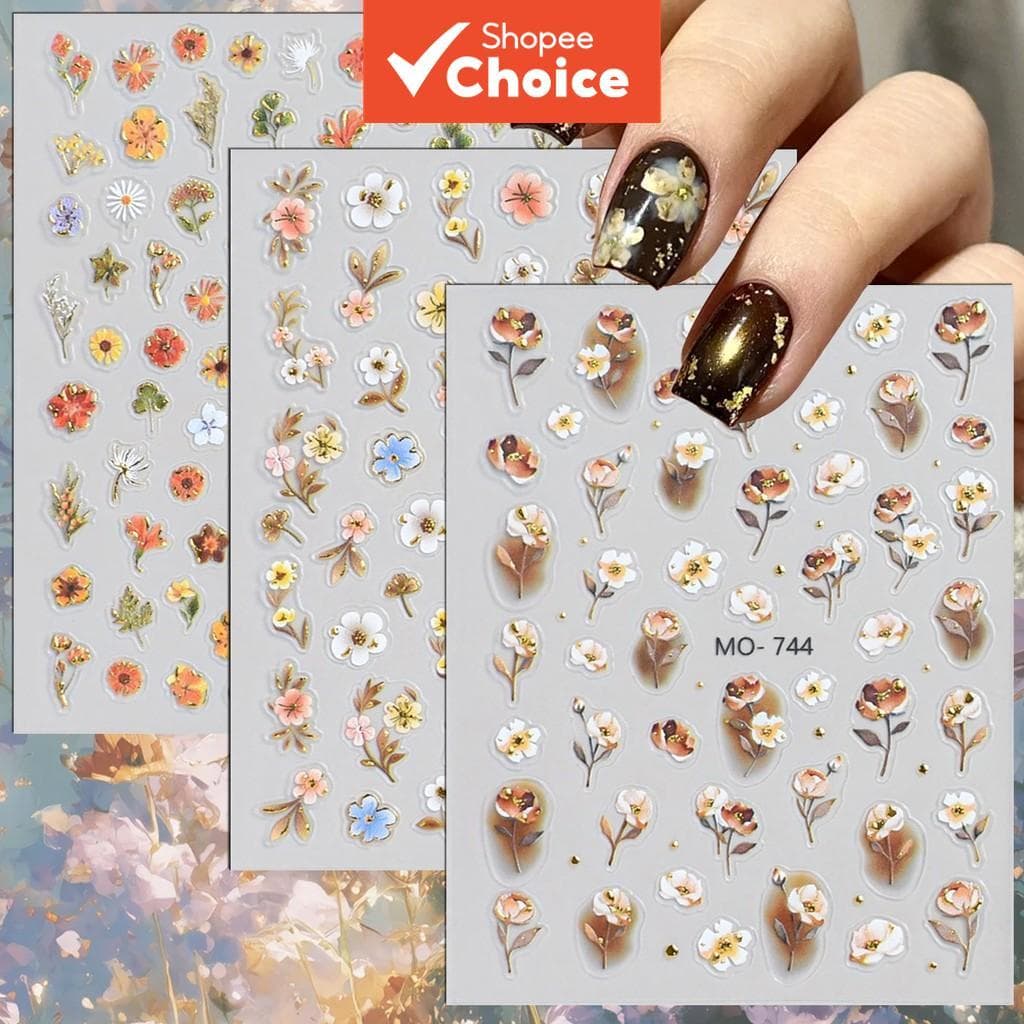 3/6 Folhas de Adesivos de Unhas com Folha de Ouro 5D, Decalques de Flores Vintage para Manicure de Gel de Outono DIY