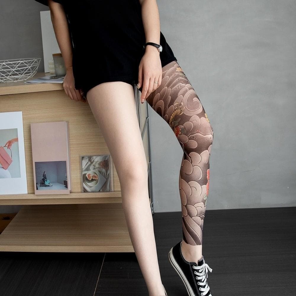 Meias De Tatuagem De Perna Completa , Falsa Respiráveis Estilo Japonês , Elásticas À Prova De Sol