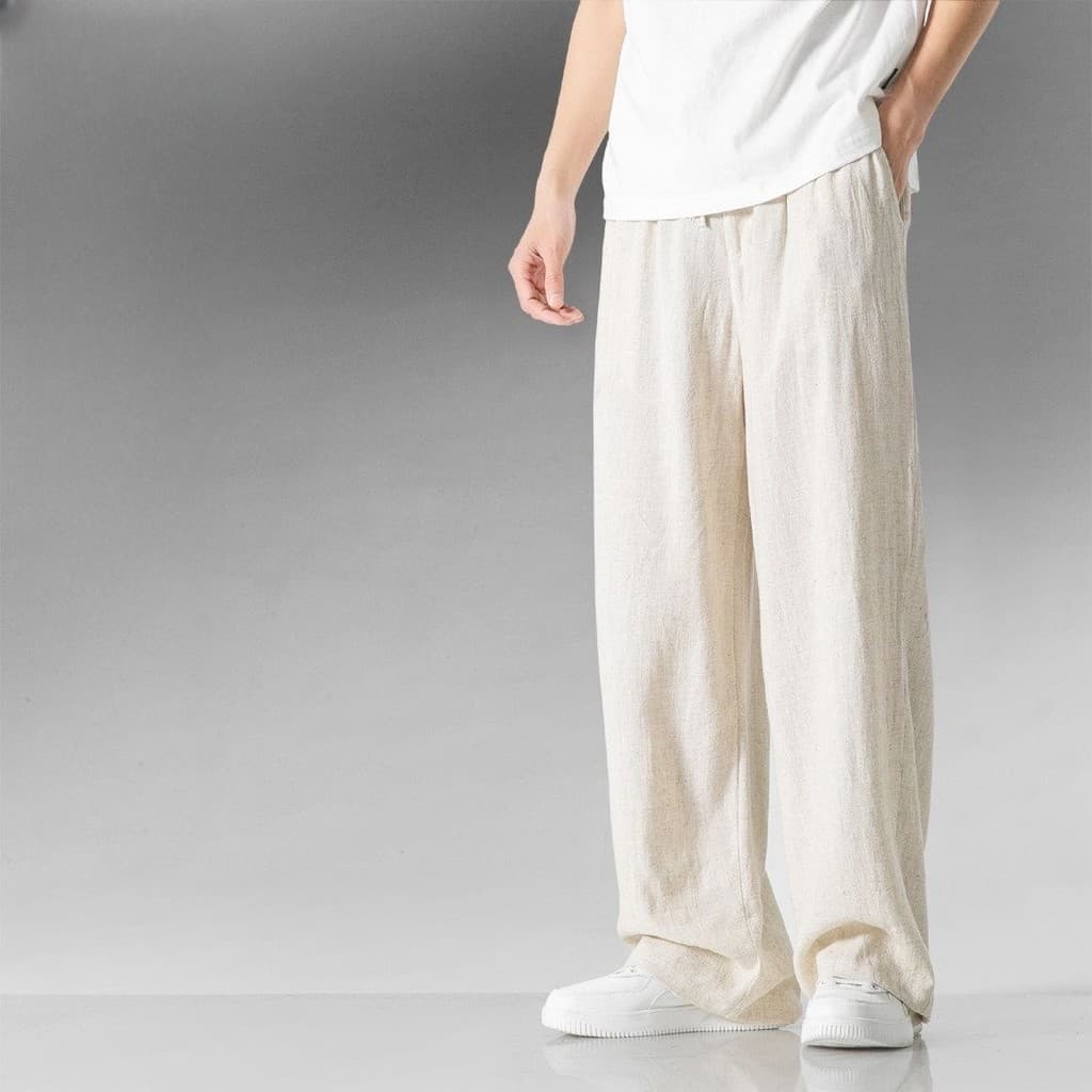 Verão estilo chinês calças de linho masculino solto em linha reta calças casuais novo estilo chinês calças masculinas an