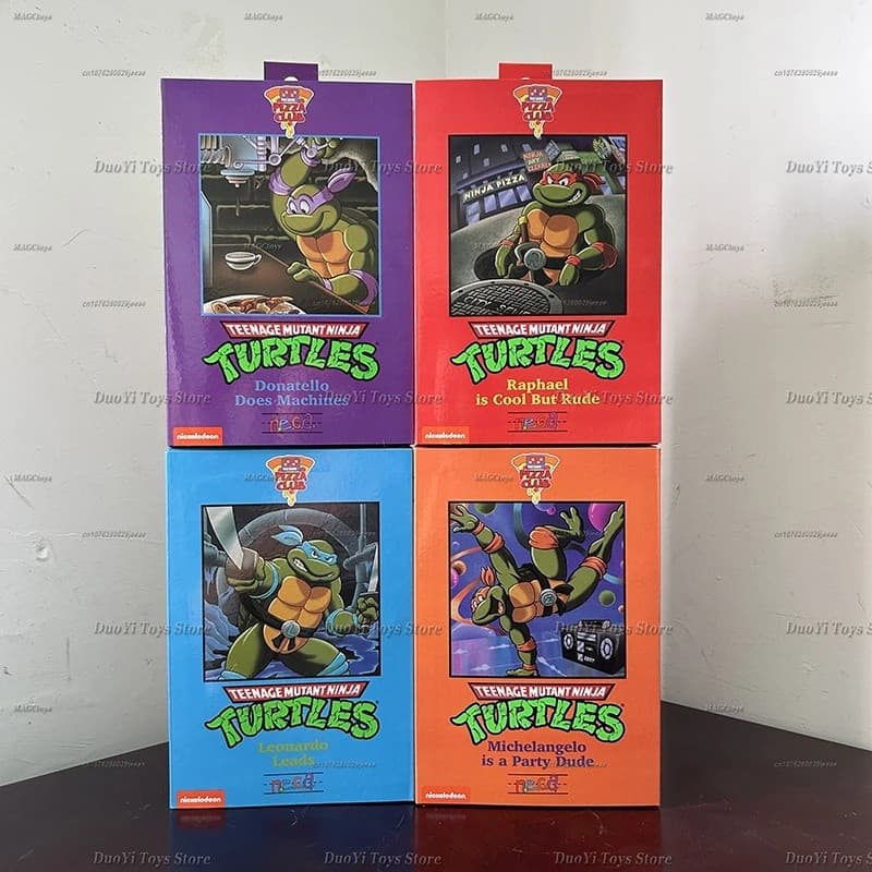 Novas Figuras NECA Leonardo Leads Turtles Pizza Club Turtles Anime Action Figure Modelo Estatueta Brinquedos Ornamento p