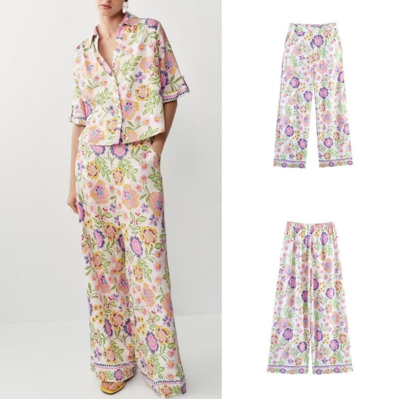 Calças femininas de linho misto com estampa floral e perna larga, estilo novo de verão 2026 2587058 AFPN FBFX