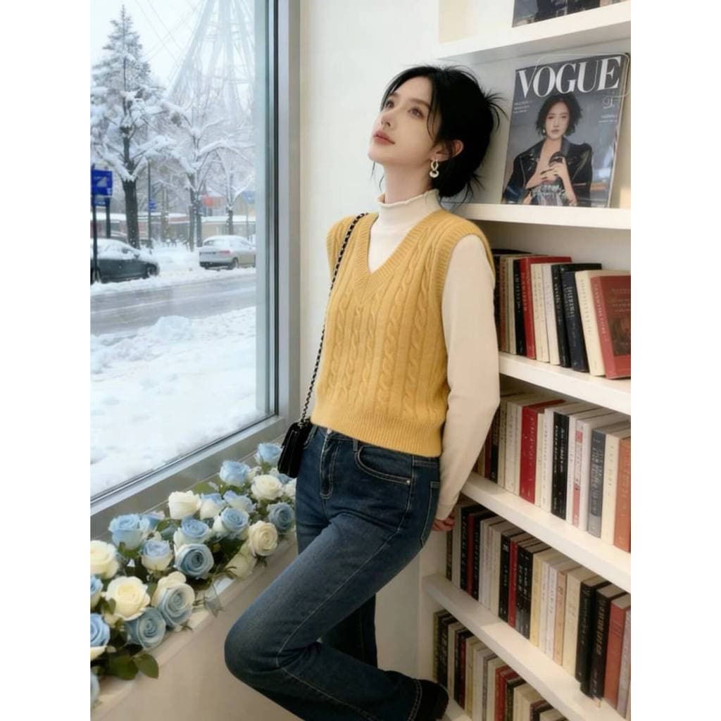 Colete de Tricô Feminino com Decote em V, Novo Estilo Elegante, Versátil, Estiloso, Top Curto em Camadas 123