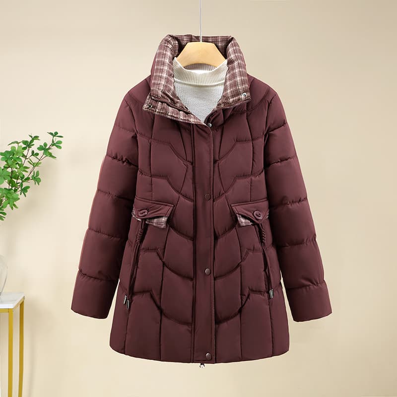Outono inverno novo estilo xadrez gola alta tamanho grande engrossado jaqueta acolchoada da mãe solta cintura estreita p