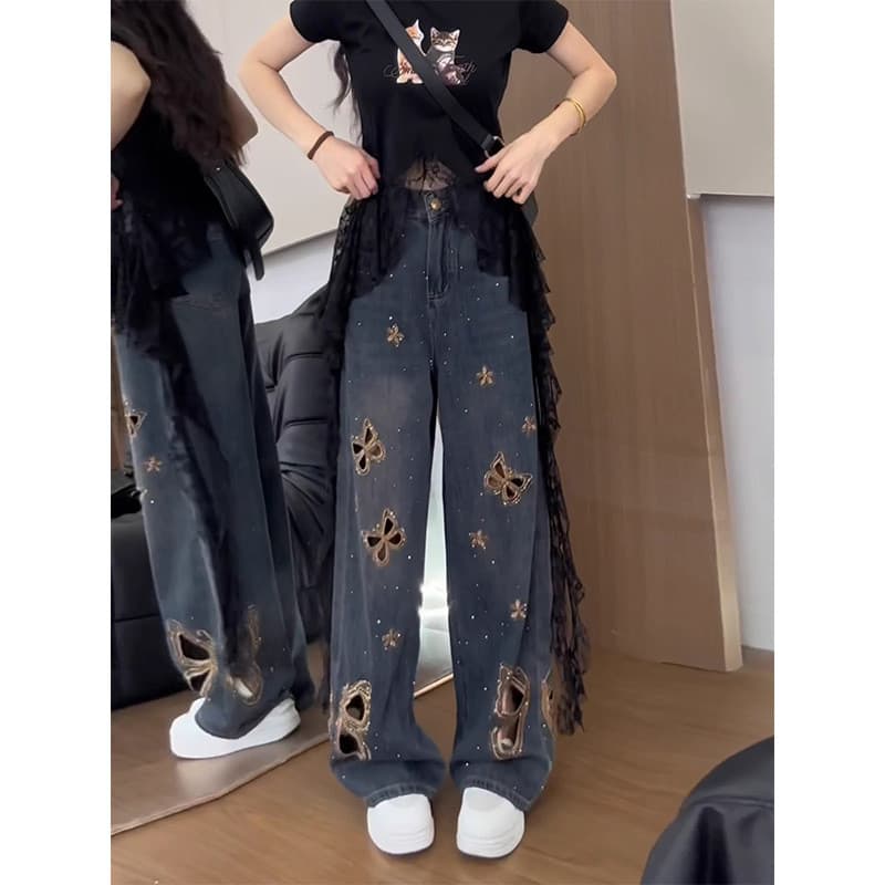 2025 Design de verão borboleta oco bordado Jeans feminino verão fino Retro perfuração quente perna larga reta esfregar c
