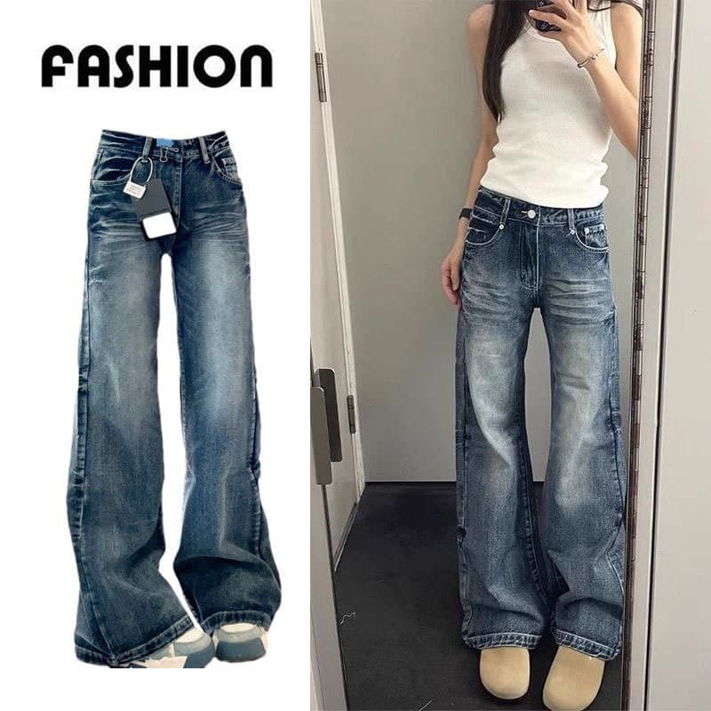 Calças jeans micro-flare lavadas e desgastadas para mulheres, estilo vintage americano, cintura alta reta, modeladoras,