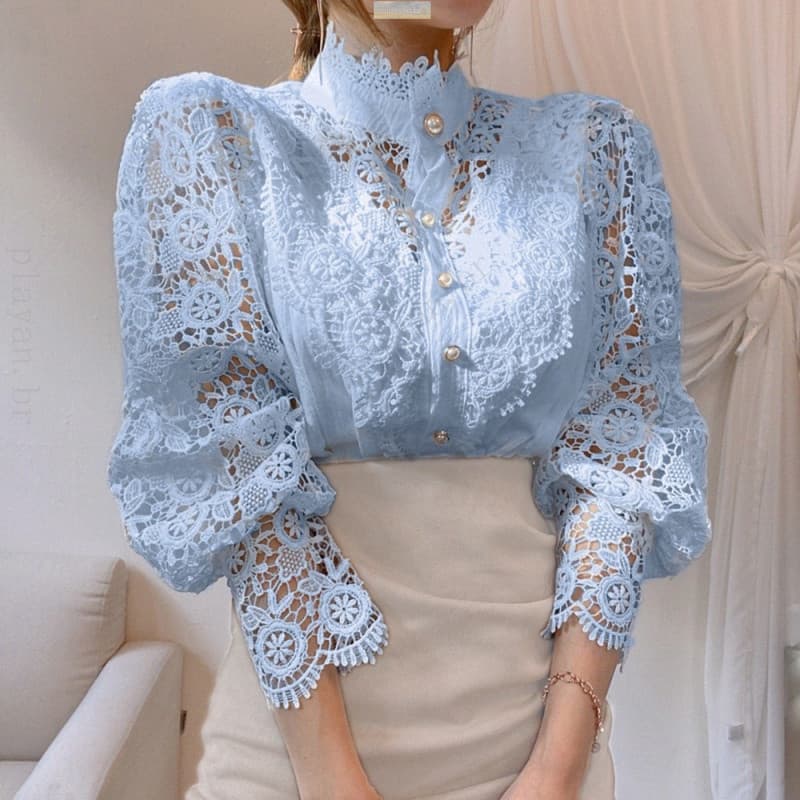 Blusa Feminina Elegante com Mangas Vazadas Bordadas em Pétalas, Detalhes em Renda Floral, Gola Alta, Túnica de Outono SI